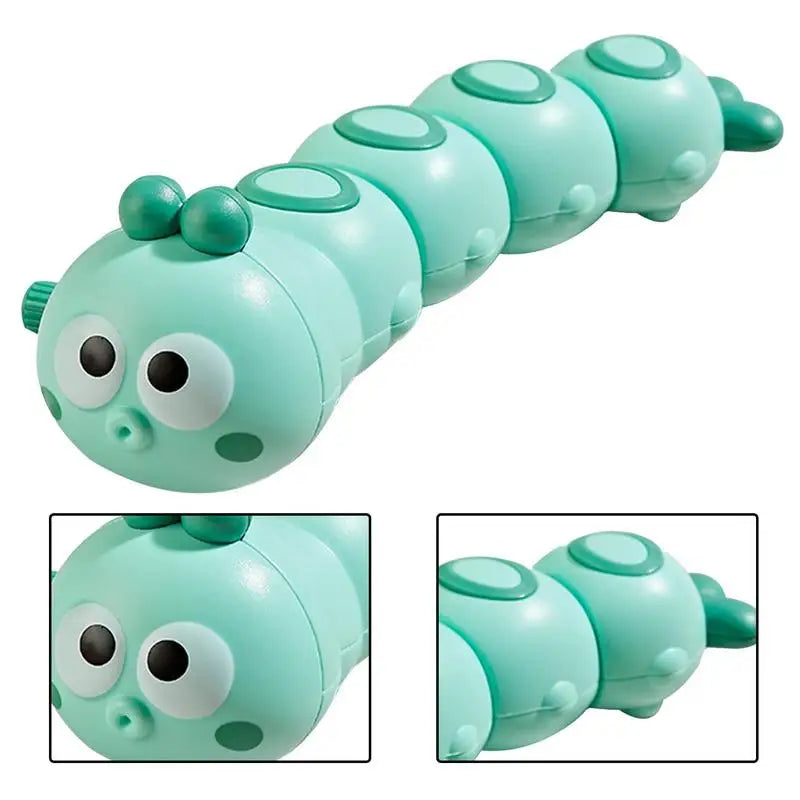 Green caterpillar toy with close-up views of its face and rounded body segments