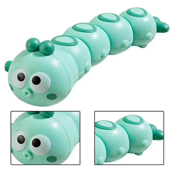 Green caterpillar toy with close-up views of its face and rounded body segments