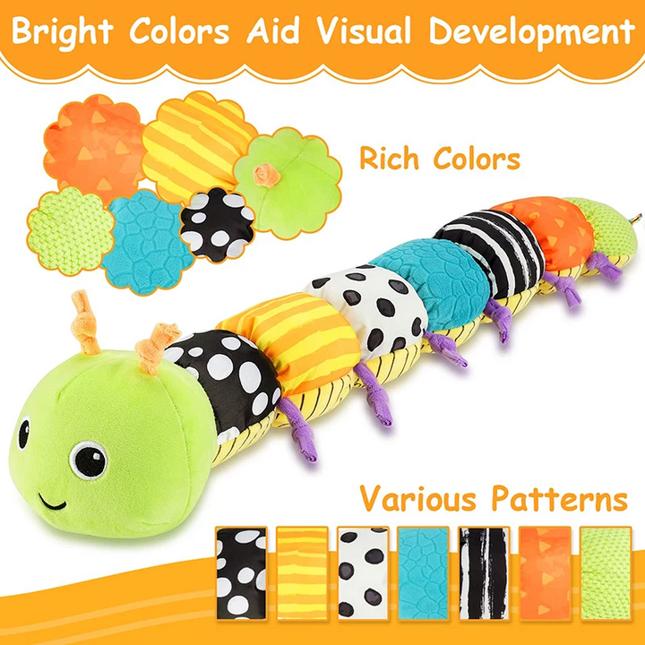 Green caterpillar rattle with contrasting patterns and close-ups of its colorful fabrics