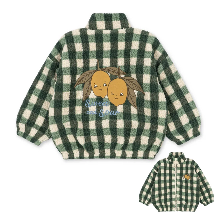 Green checked fleece jacket with a lemon graphic on the back and a front-view inset