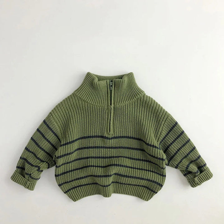 Green cotton zip-neck sweater laid flat with long sleeves and horizontal stripes