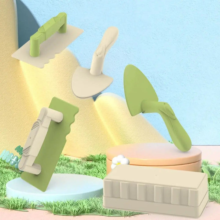 Green and cream sand mold, trowels, and handled spatulas arranged on a colorful display