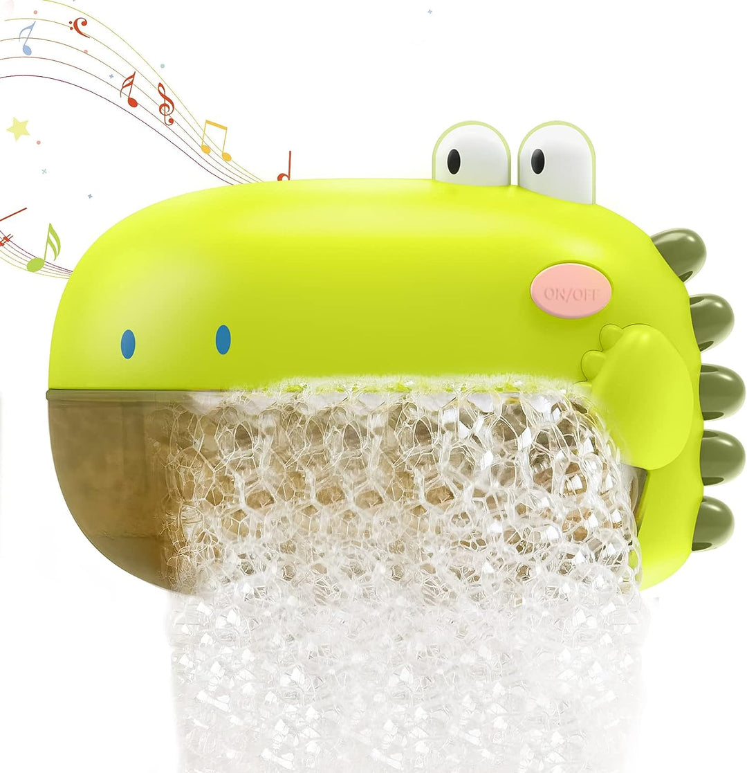 Green dinosaur bath toy releasing a stream of bubbles, with musical notes illustrated beside it