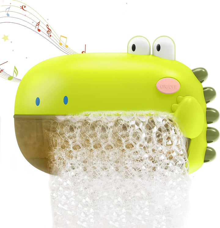Green dinosaur bath toy releasing a stream of bubbles, with musical notes illustrated beside it