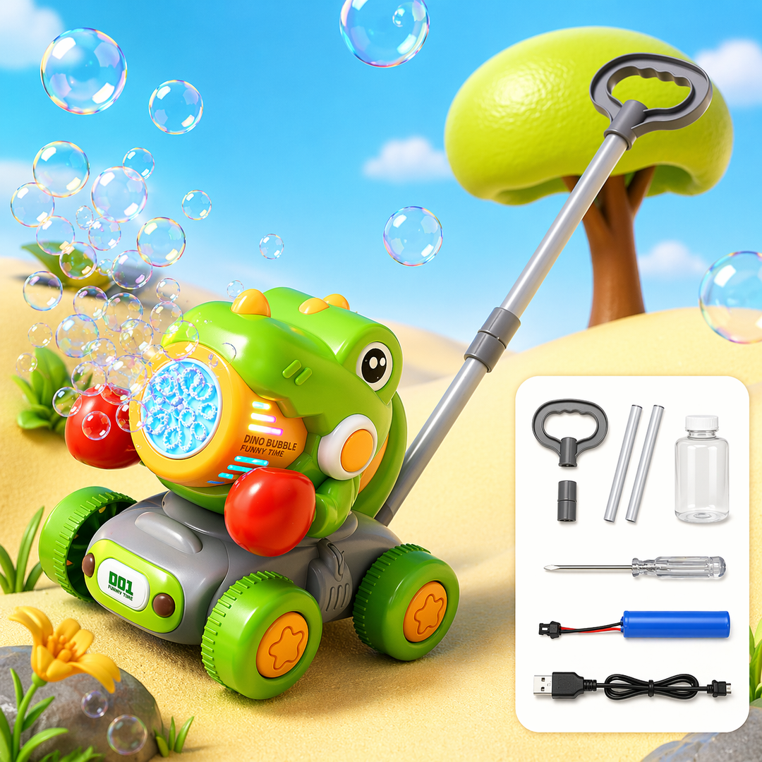 Green dinosaur bubble push cart with gray handle, red front accents and green wheels.