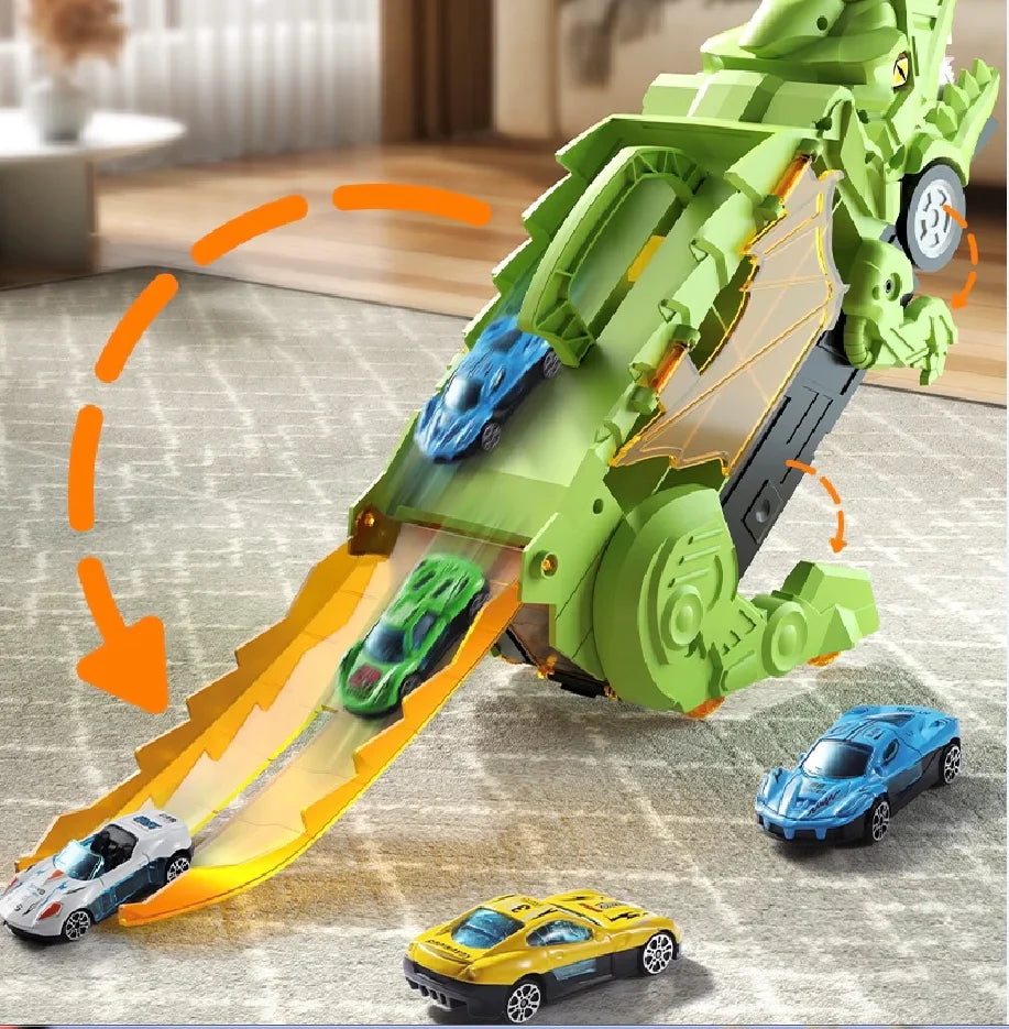 Green dinosaur car carrier tilted upright with mini cars on its fold-out ramp