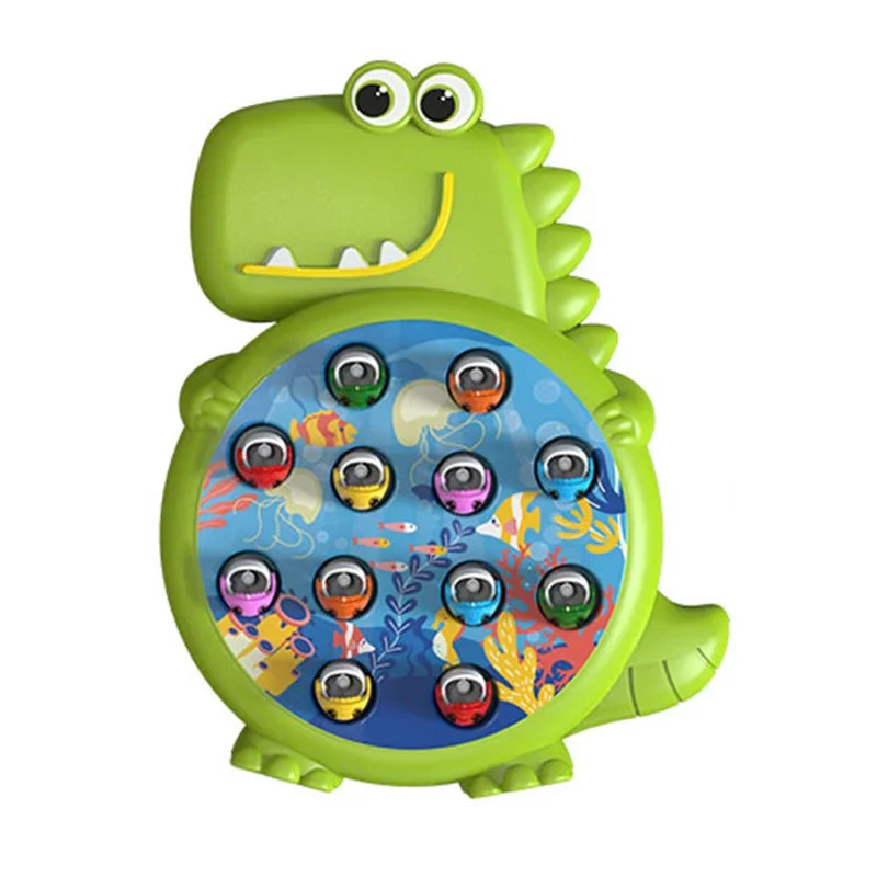 Overhead view of the green dinosaur fishing board filled with colorful fish.