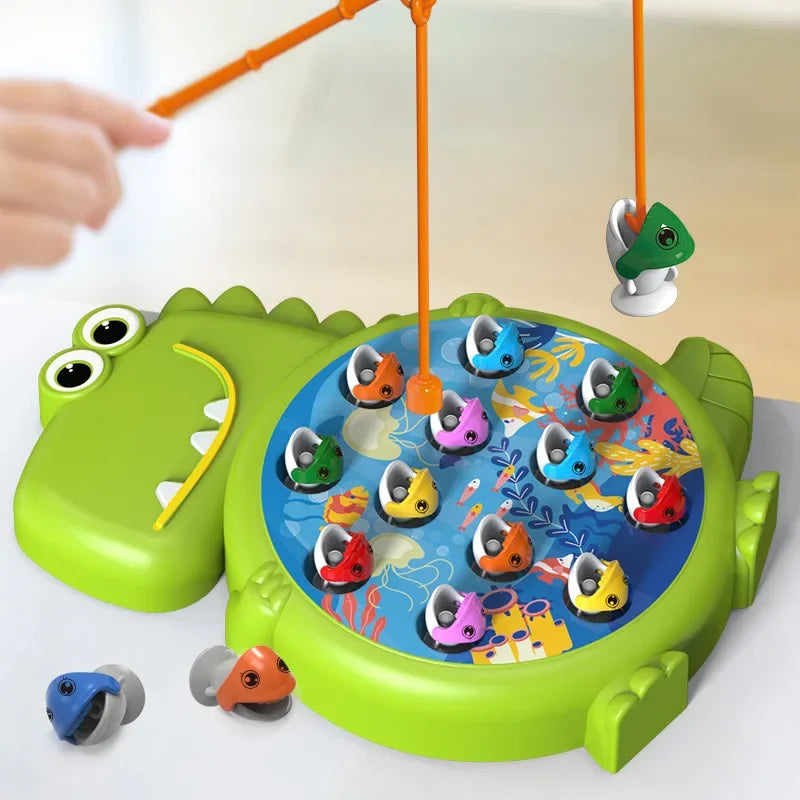Green dinosaur fishing game with colorful fish and orange rods lifting a fish from the board.