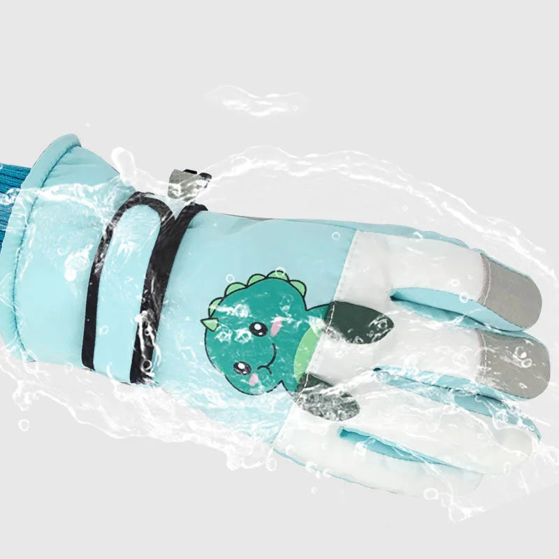 Water splashing around a green dinosaur winter glove with a hook-and-loop wrist strap.