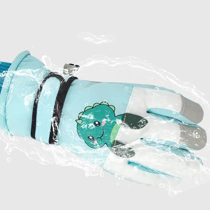 Water splashing around a green dinosaur winter glove with a hook-and-loop wrist strap.