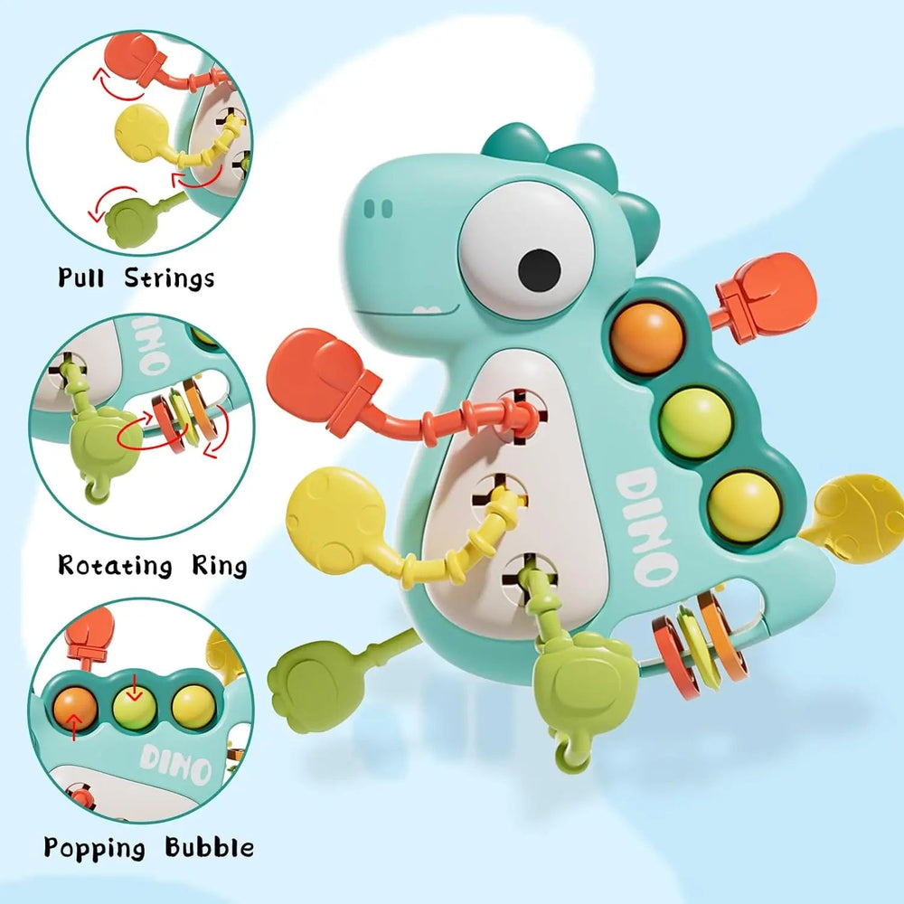 Green dinosaur activity toy with callouts for pull cords, rotating rings and pop bubbles