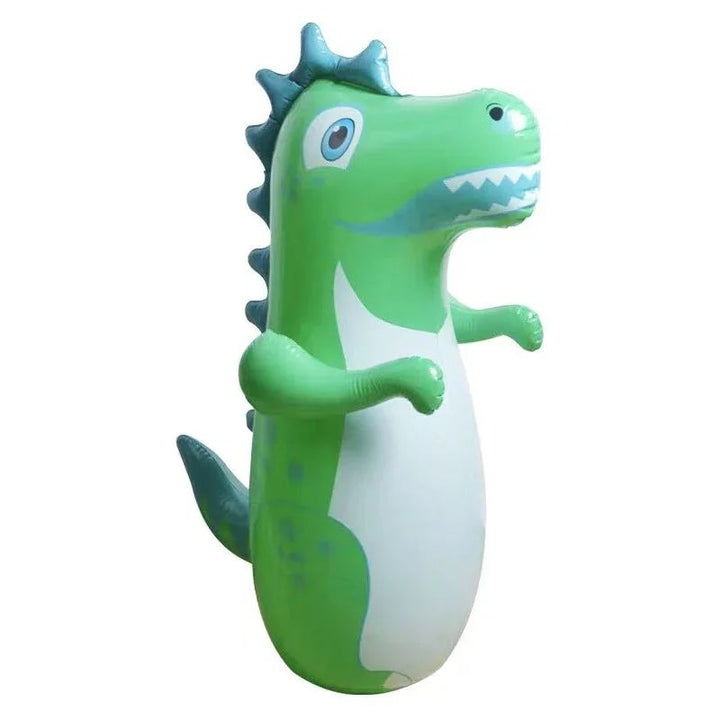 Green inflatable dinosaur punching bag with a white belly and a spiked back
