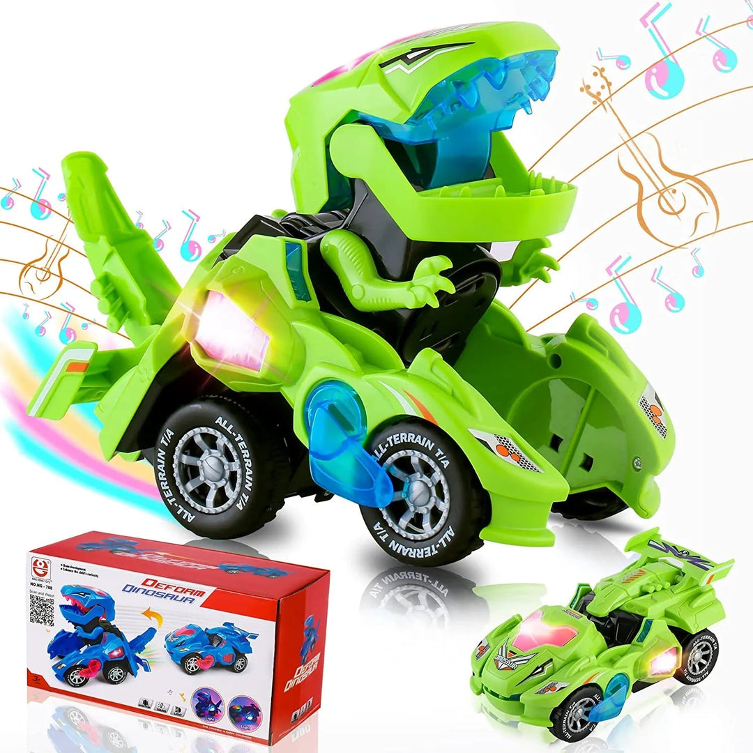 Green toy car shown in dinosaur robot and car modes with lights and packaging
