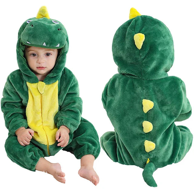 Front and back views of a green dinosaur baby romper with yellow spikes and a tail.