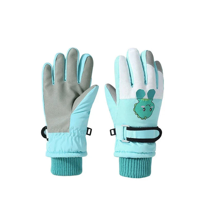Green dinosaur ski gloves showing gray palms, turquoise knit cuffs, and adjustable wrist straps.