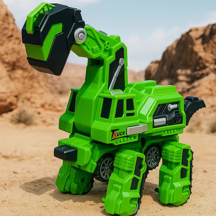 Green transforming dinosaur toy car with a black head and chunky legs