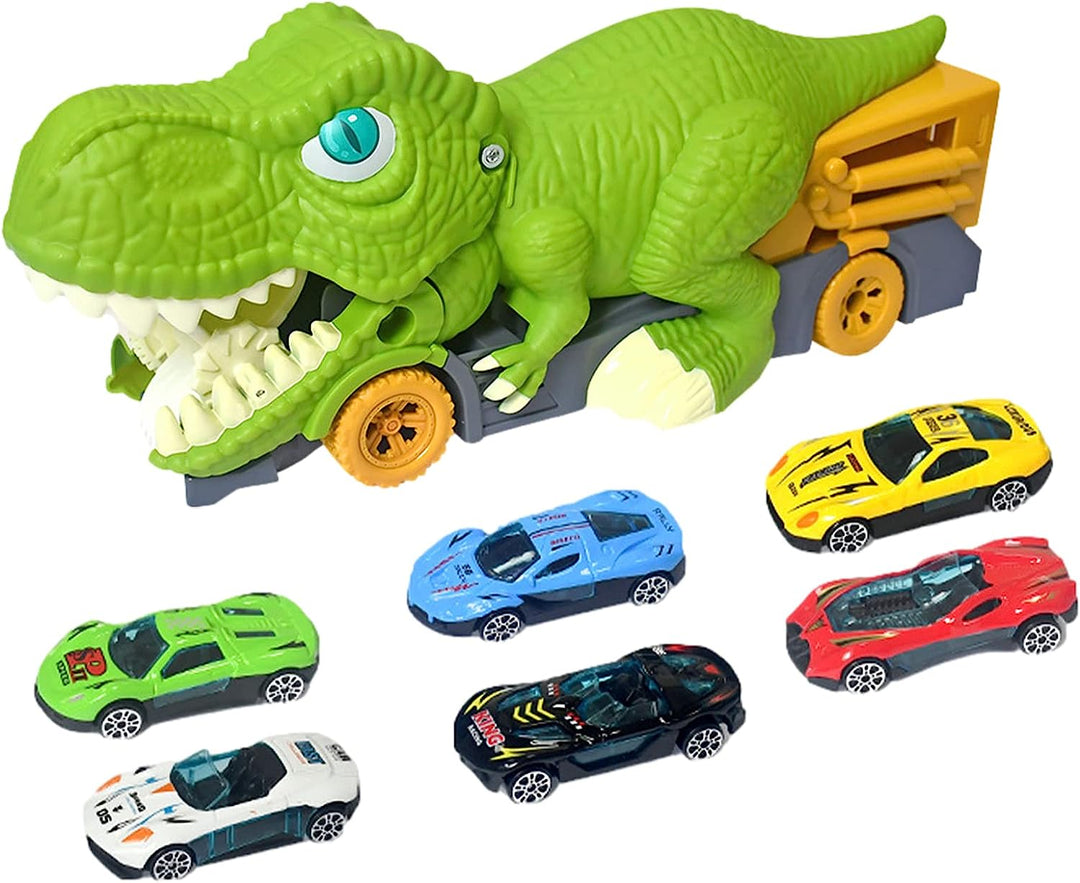 Green dinosaur toy truck with an open mouth and six colorful mini cars