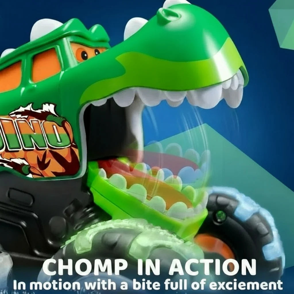 Close-up of a green dinosaur monster truck with an open toothy mouth