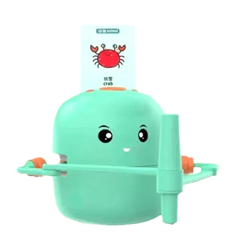 Green drawing robot with a crab card and a brush held in its drawing arm