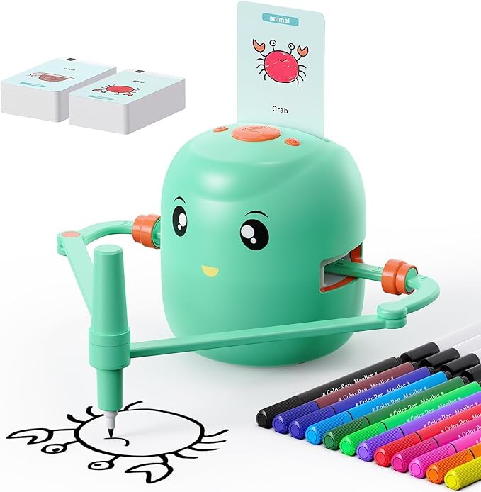 Green drawing robot tracing a crab beside drawing cards and colored markers