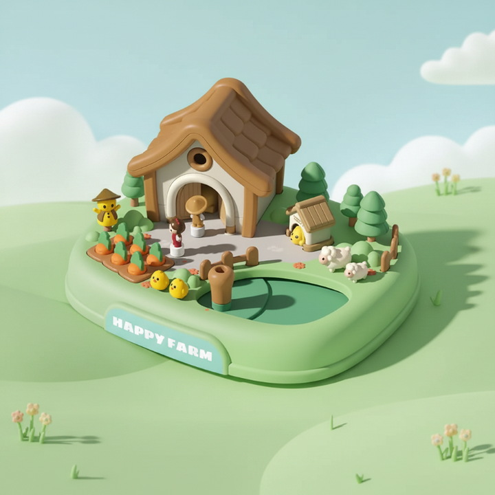 Green farm playset with a barn, animal figures, vegetable patch and movement control
