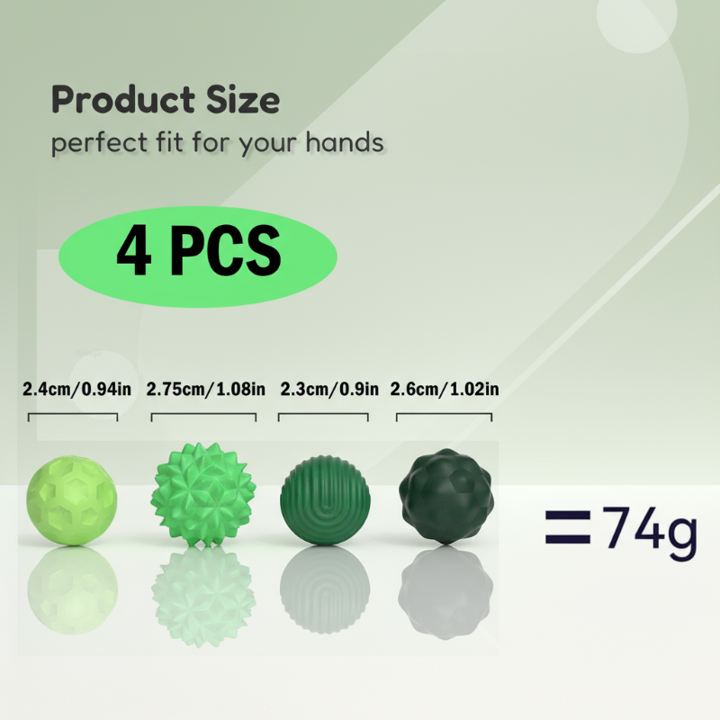 Four green textured magnetic silicone balls with diameter measurements and a 74 g set weight