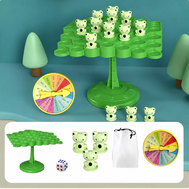 Green frog balance game with frog figures, a die, a spinner, and a drawstring bag