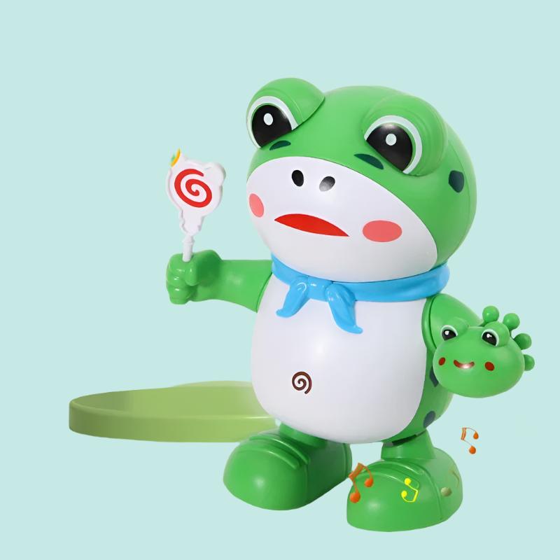 Green frog toy with a blue scarf, spiral lollipop, and small frog detail