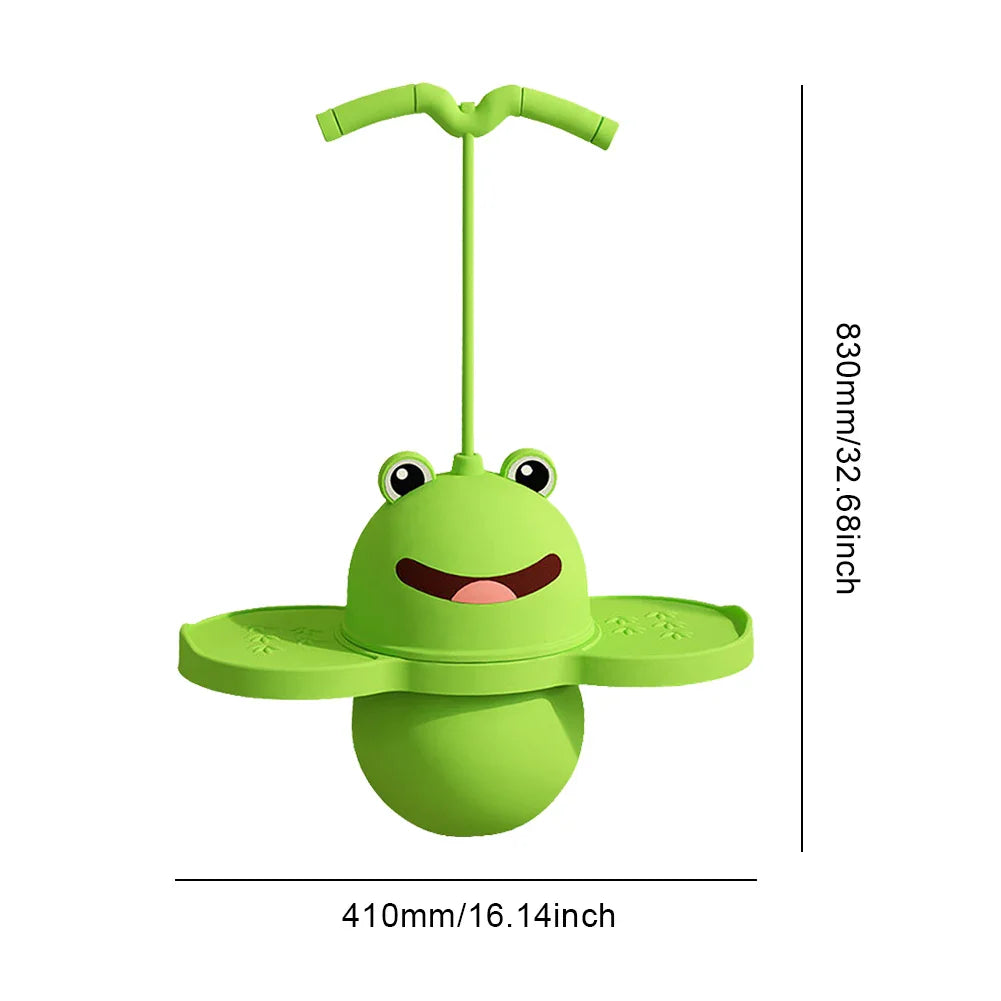 Green frog pogo stick with measurements showing 830 mm height and 410 mm width.
