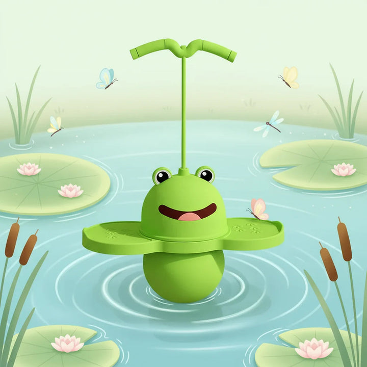 Green frog pogo stick against an illustrated pond with lily pads.