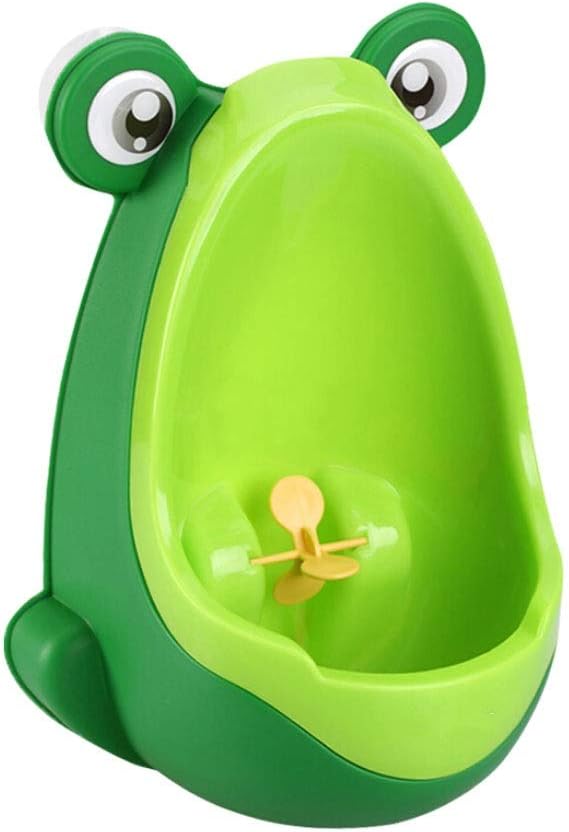 Light and dark green frog-shaped potty-training urinal with a yellow aiming target