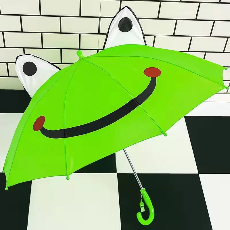 Bright green frog umbrella with raised eyes, a smiling face, and a curved handle