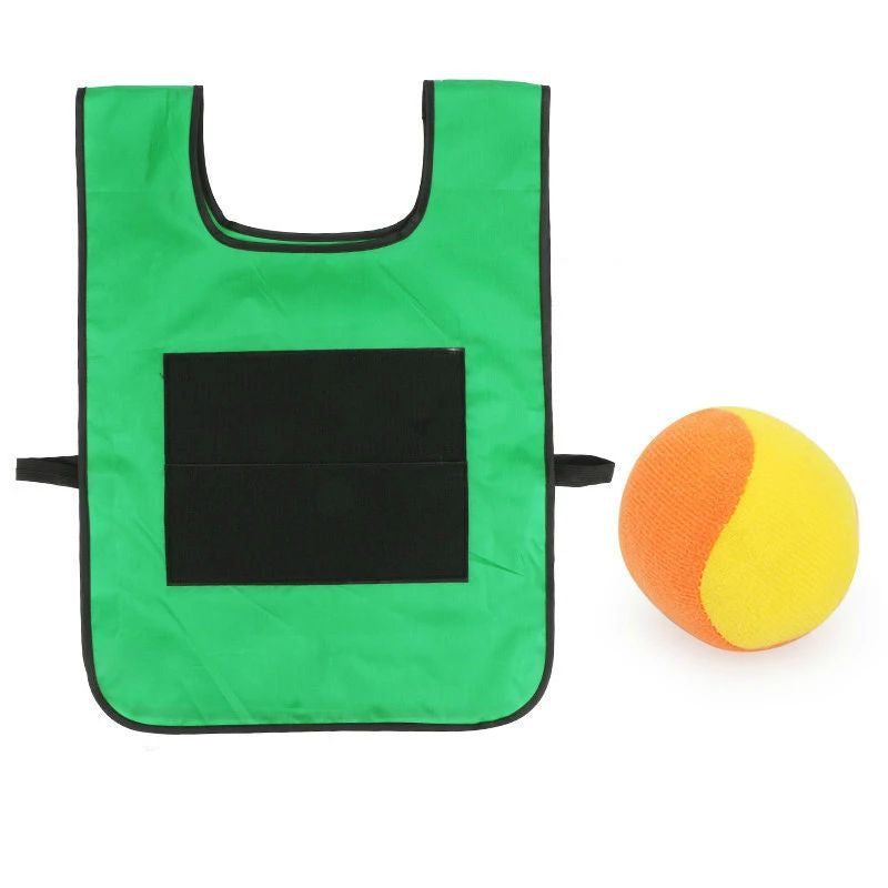 Green game vest with a black catch panel and a yellow-and-orange ball