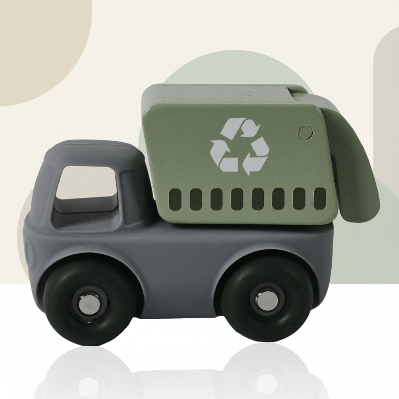 Dark gray garbage truck toy with a green recycling body and black wheels