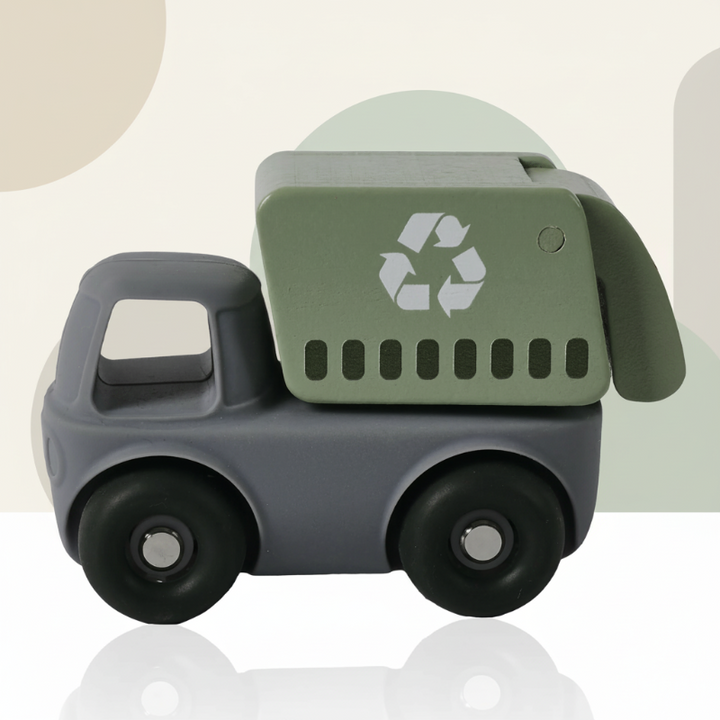 Dark gray garbage truck toy with a green recycling body and black wheels