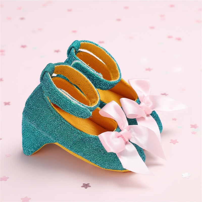 Green glitter baby shoes with pale pink ribbon bows and straps