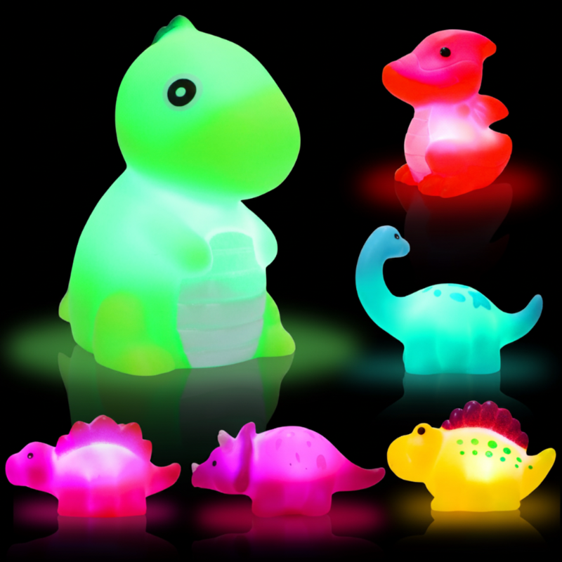 Glowing green dinosaur with five other illuminated dinosaur bath figures