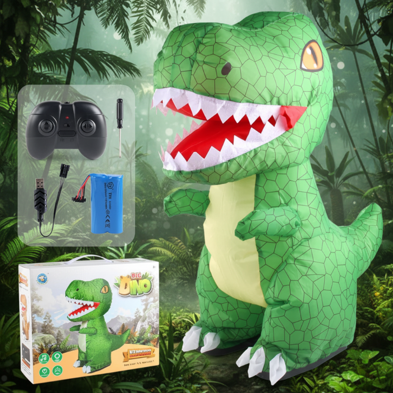 Green inflatable T. rex with remote control, rechargeable battery, USB charging cable and retail box