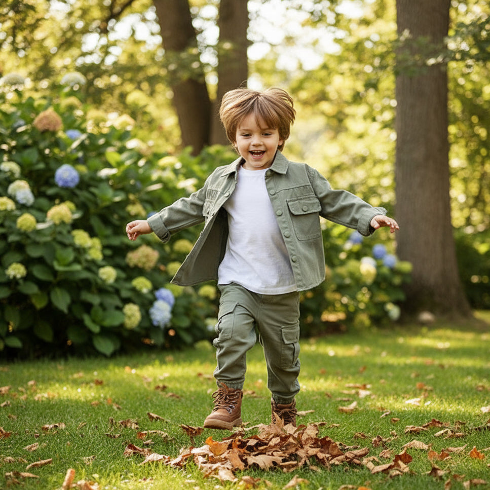 Child wearing the green jacket and matching pants outdoors in a garden