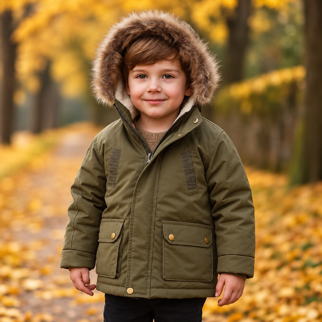 Child wearing a green winter parka with a faux-fur-trimmed hood on a leaf-covered path