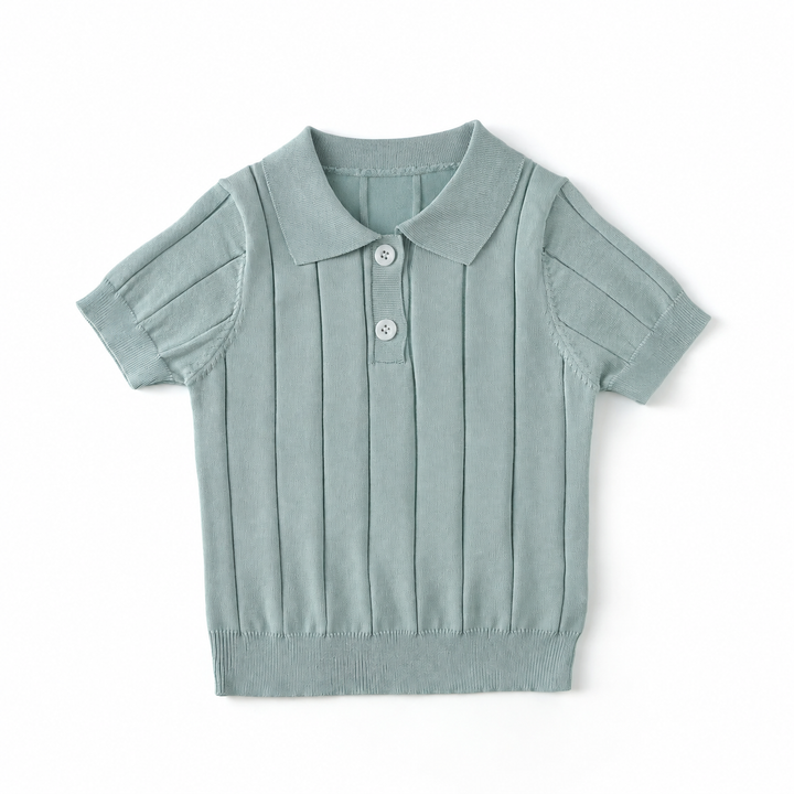 Green knit polo shirt with a classic collar, short sleeves, and vertical texture