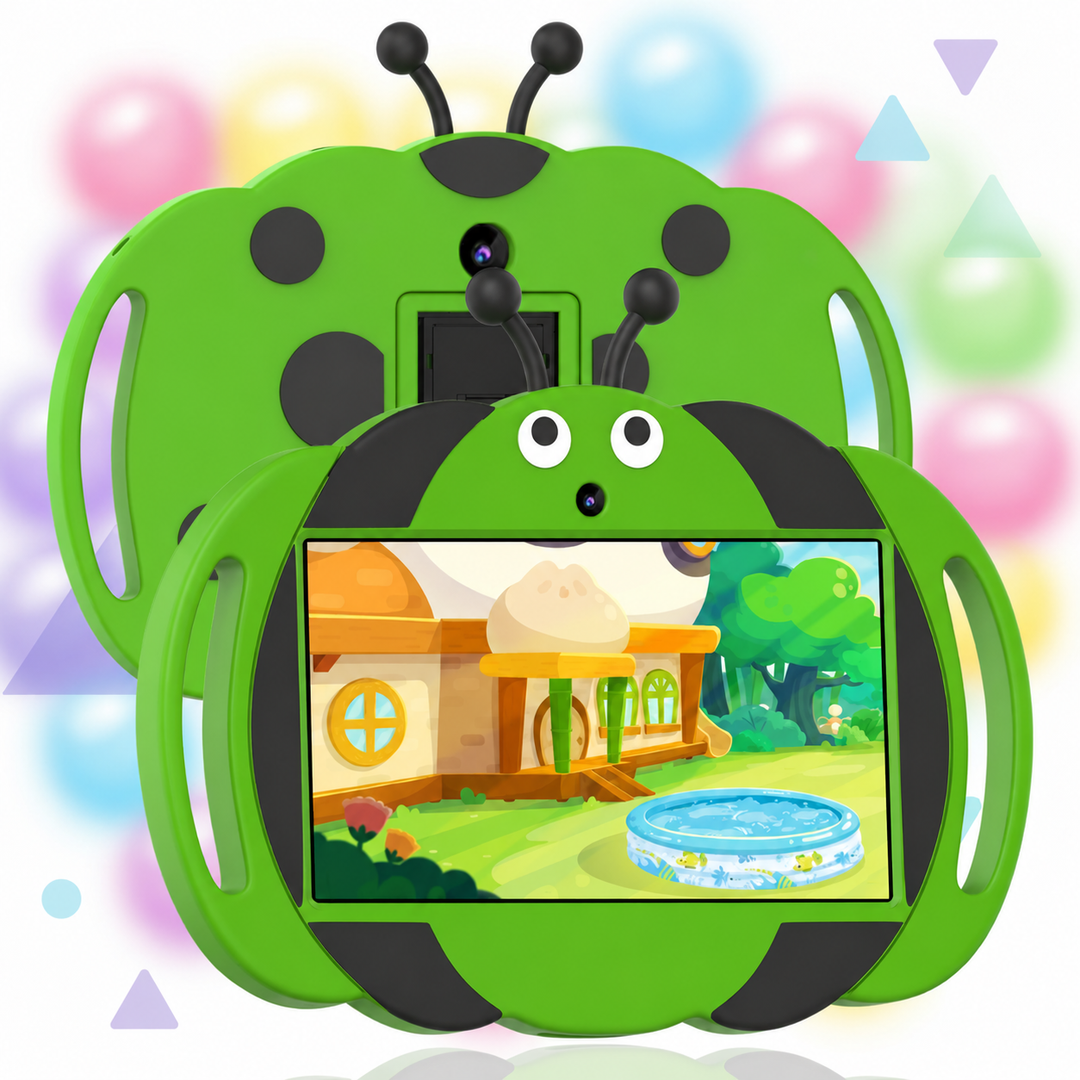 Front and rear views of a green ladybug tablet with side carry handles
