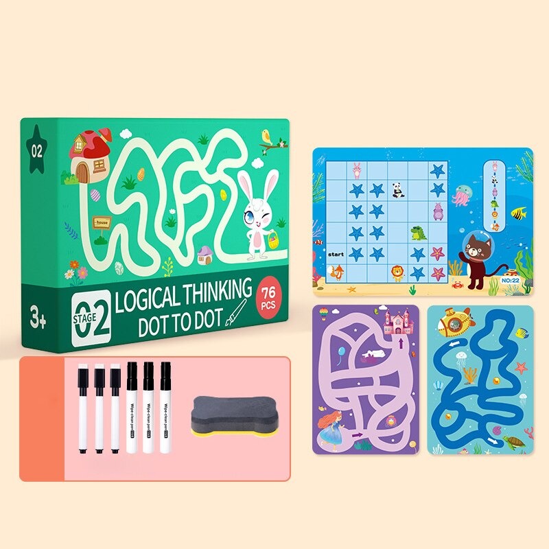 Green logical-thinking workbook with illustrated maze activities, six markers, and an eraser.