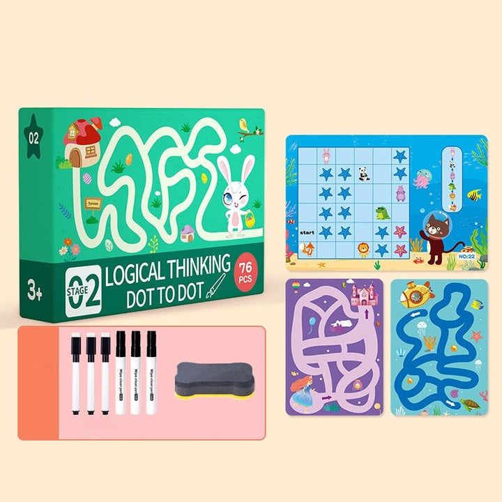 Green logical-thinking workbook with illustrated maze activities, six markers, and an eraser.