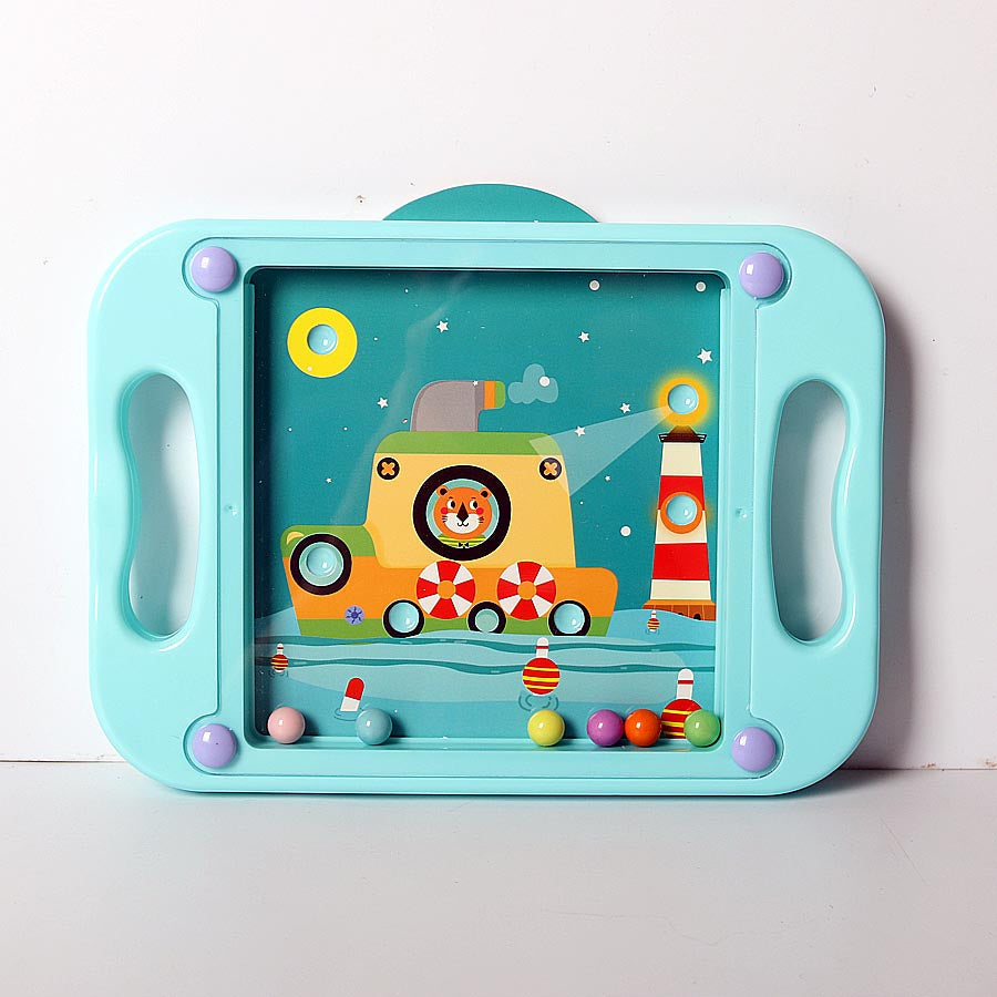 Green maze board with side handles, an illustrated yellow vehicle card, and colored balls