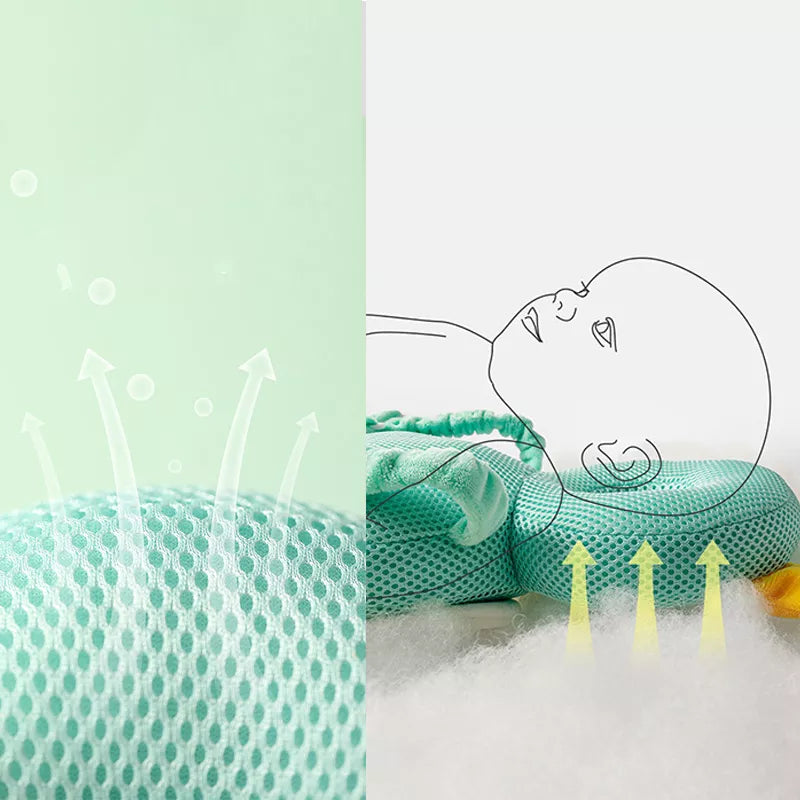 Close-up of green mesh fabric beside an illustration of the round head cushion in use