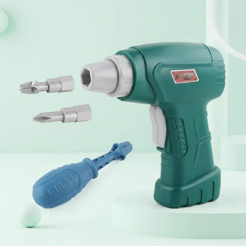Green mini electric drill with two bits and a blue screwdriver