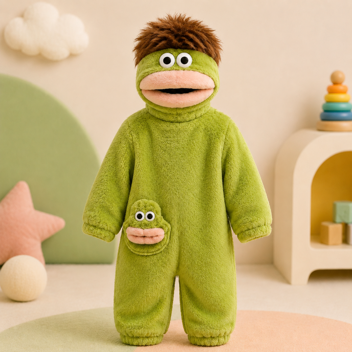 Green hooded monster onesie displayed in a nursery, with brown hair and a matching front face detail