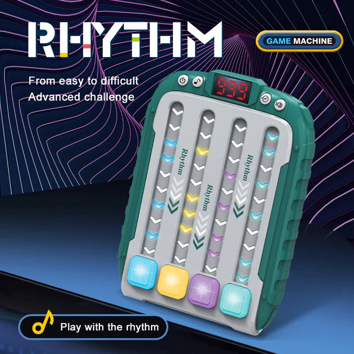 Green musical reflex game with four illuminated lanes and colored buttons against a geometric background