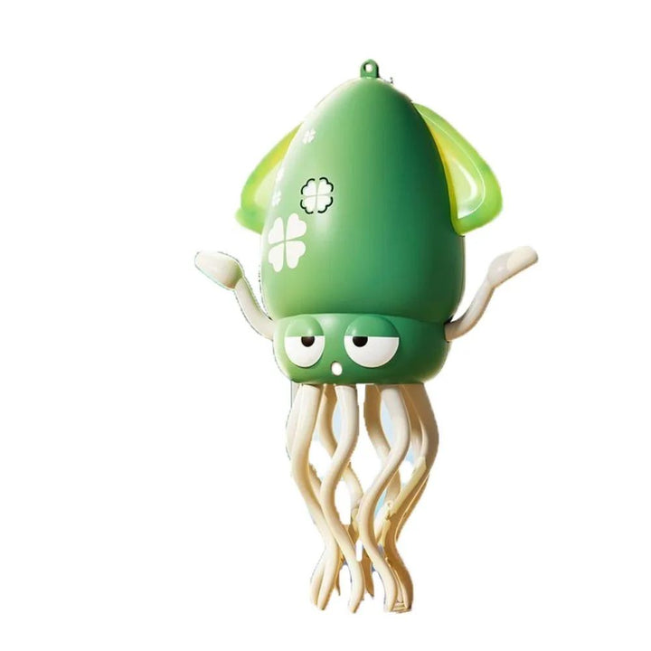 Green octopus toy with flower details and cream-colored tentacles, viewed from the front